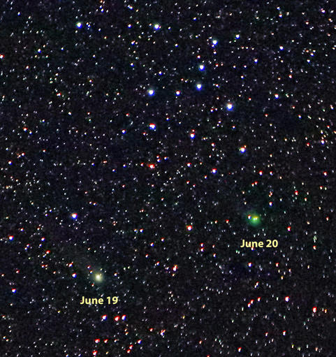 2022年6月21日,天文爱好者斯蒂芬·詹姆斯·奥米拉从博茨瓦纳拍摄了这张照片,彗星 C/2017k 2(PanSTARRS)正经过星团 IC 4665。这颗彗星现在在手持式双筒望远镜中几乎看不见,通过一个3英寸(76毫米)的望远镜估计它在6月19日的星等为8.8,6月20日的星等为8.6。这张照片是由两个夜晚合成的,显示了彗星在 IC 4665附近的移动,用的是200毫米长焦镜头。