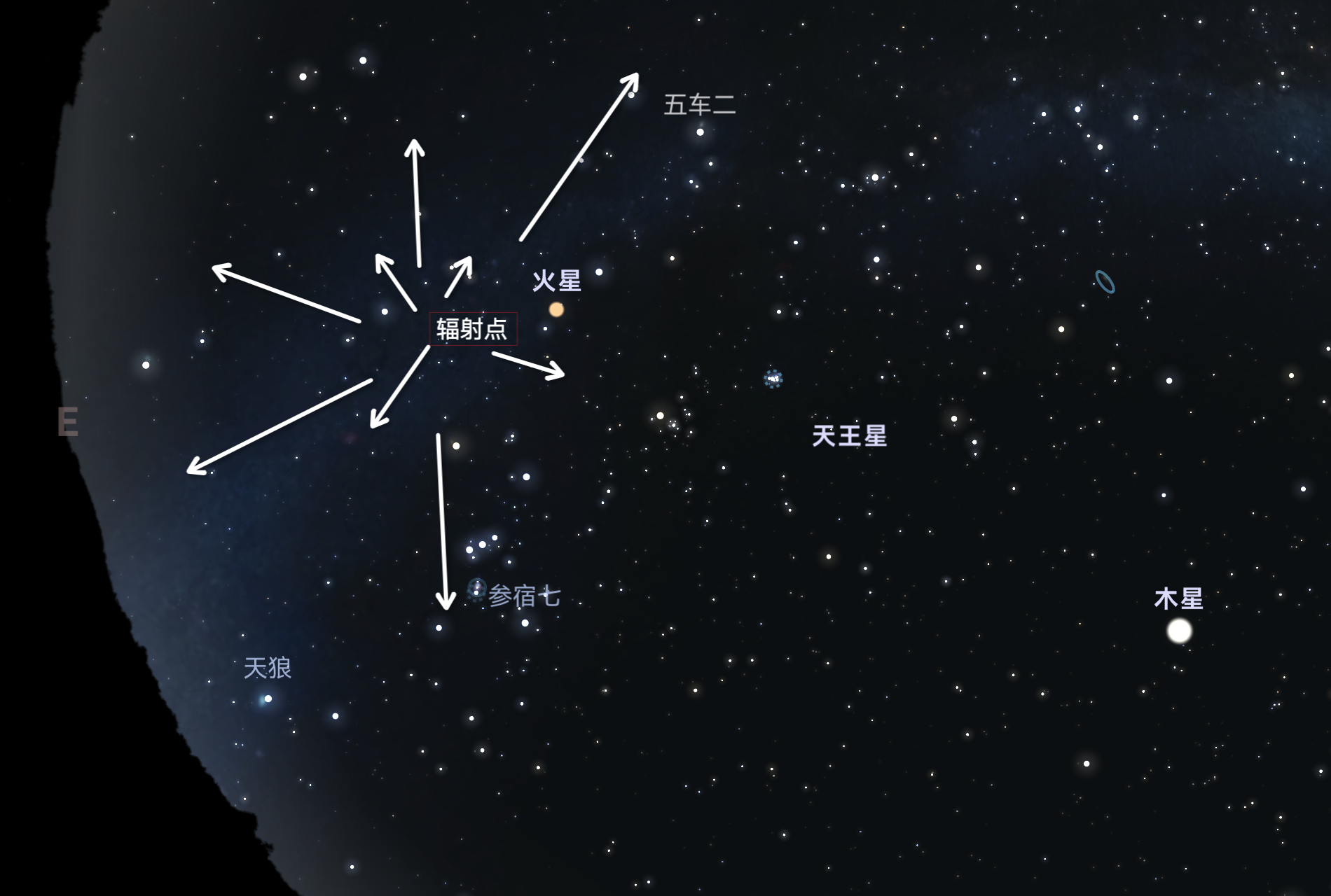 猎户座流星雨10月21日24时星空与行星位置示意图。来源:天文通APP