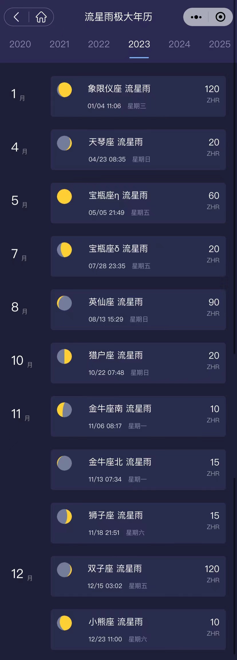 2023年流星雨时间表完整版