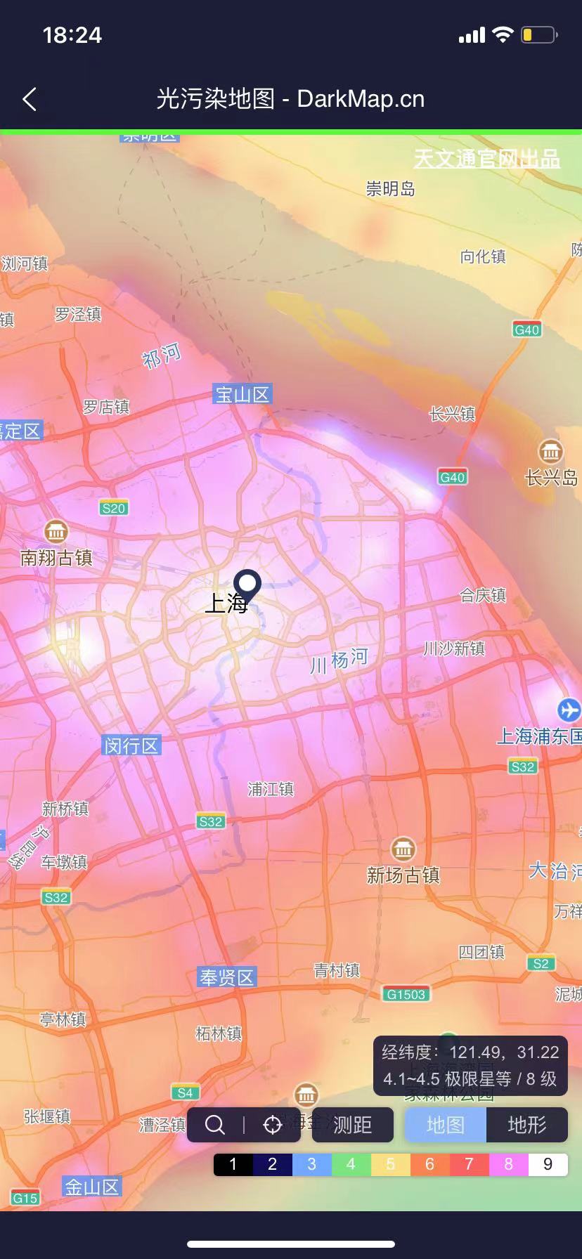 天文通APP内的光污染地图。
