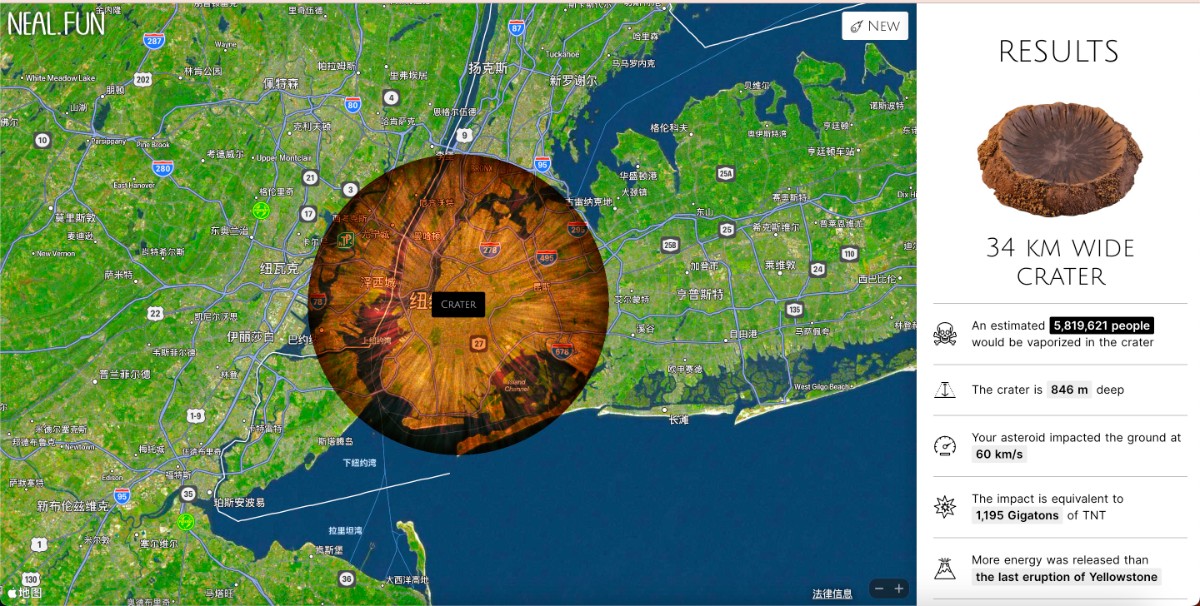 直径1km,60km/s,45度撞击至纽约的铁陨石的模拟影响。